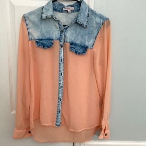 Blu-Pepper Cream Orange & Denim Size Small Long Sleeve Button Down Sheer Blouse.